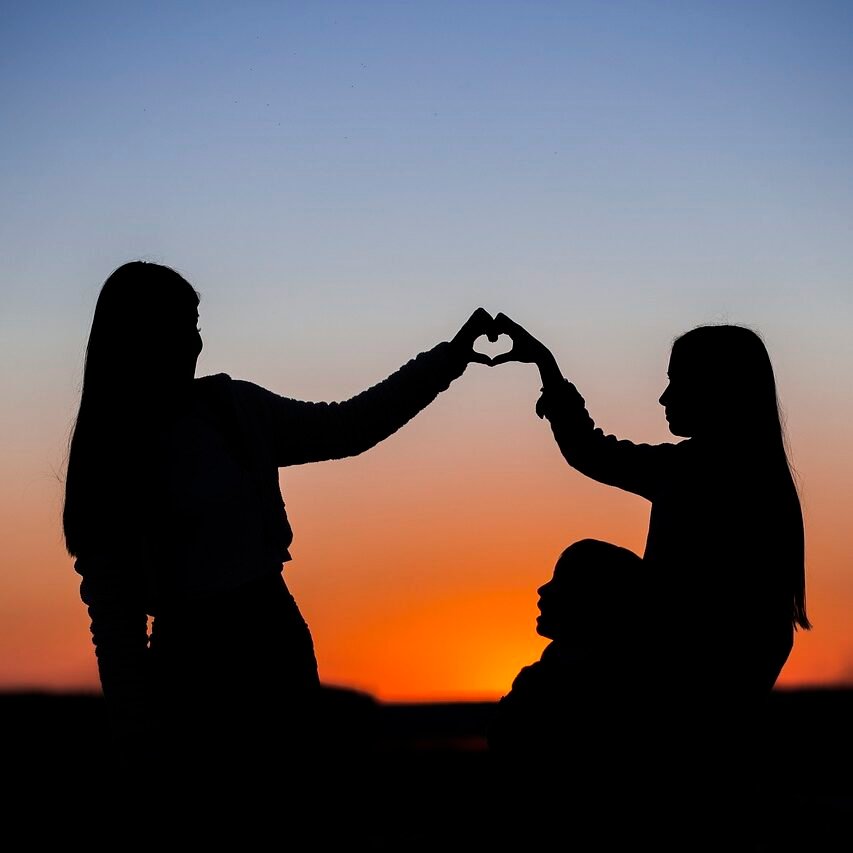 sisters, heart, sunset