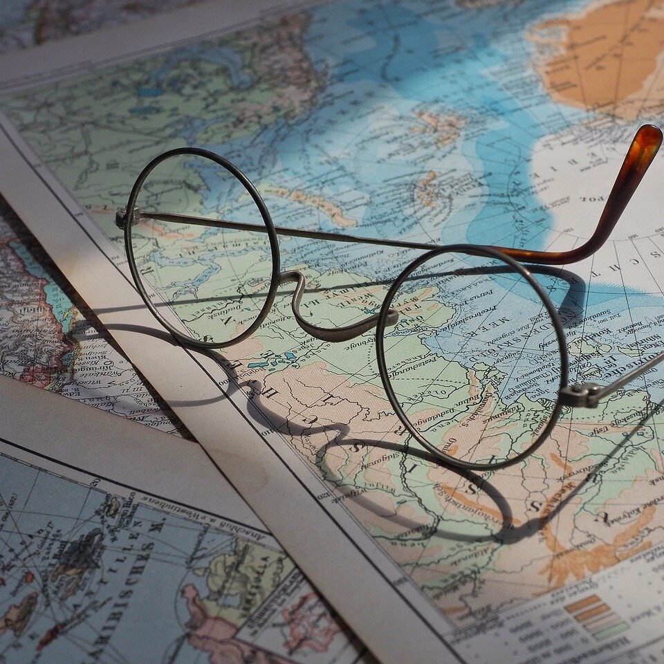 eyeglasses, world map, map