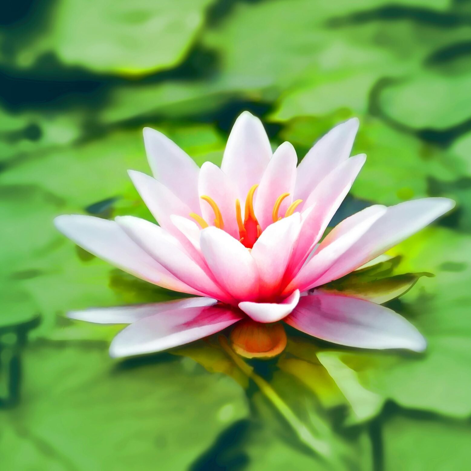 Vibrant pink water lily blooming gracefully on a lush green pond.